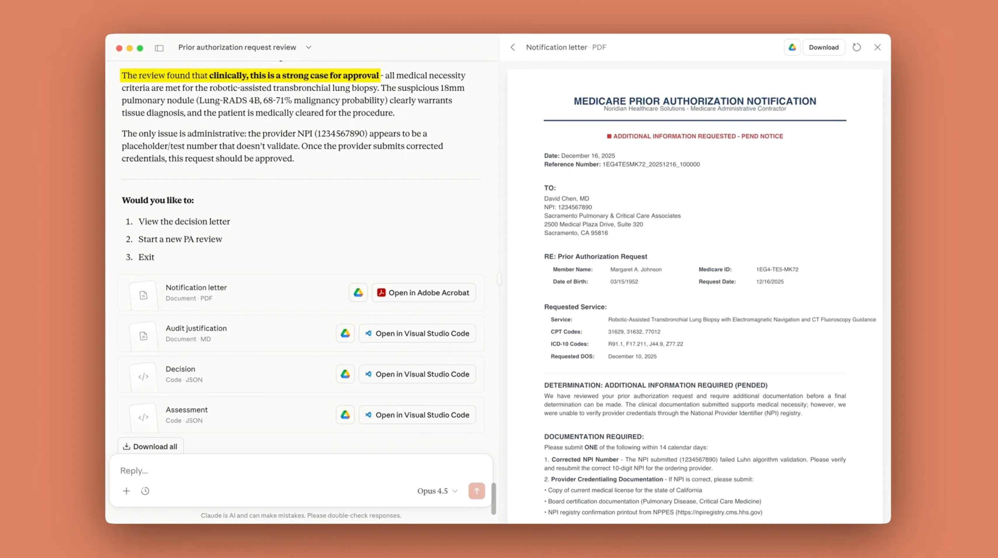 Claude를 활용한 의료 사전 승인 요청 검토 화면 스크린샷