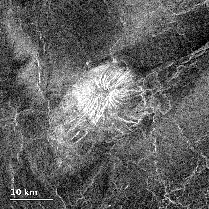 Radar image (Magellan): bright cone, radian lava flows