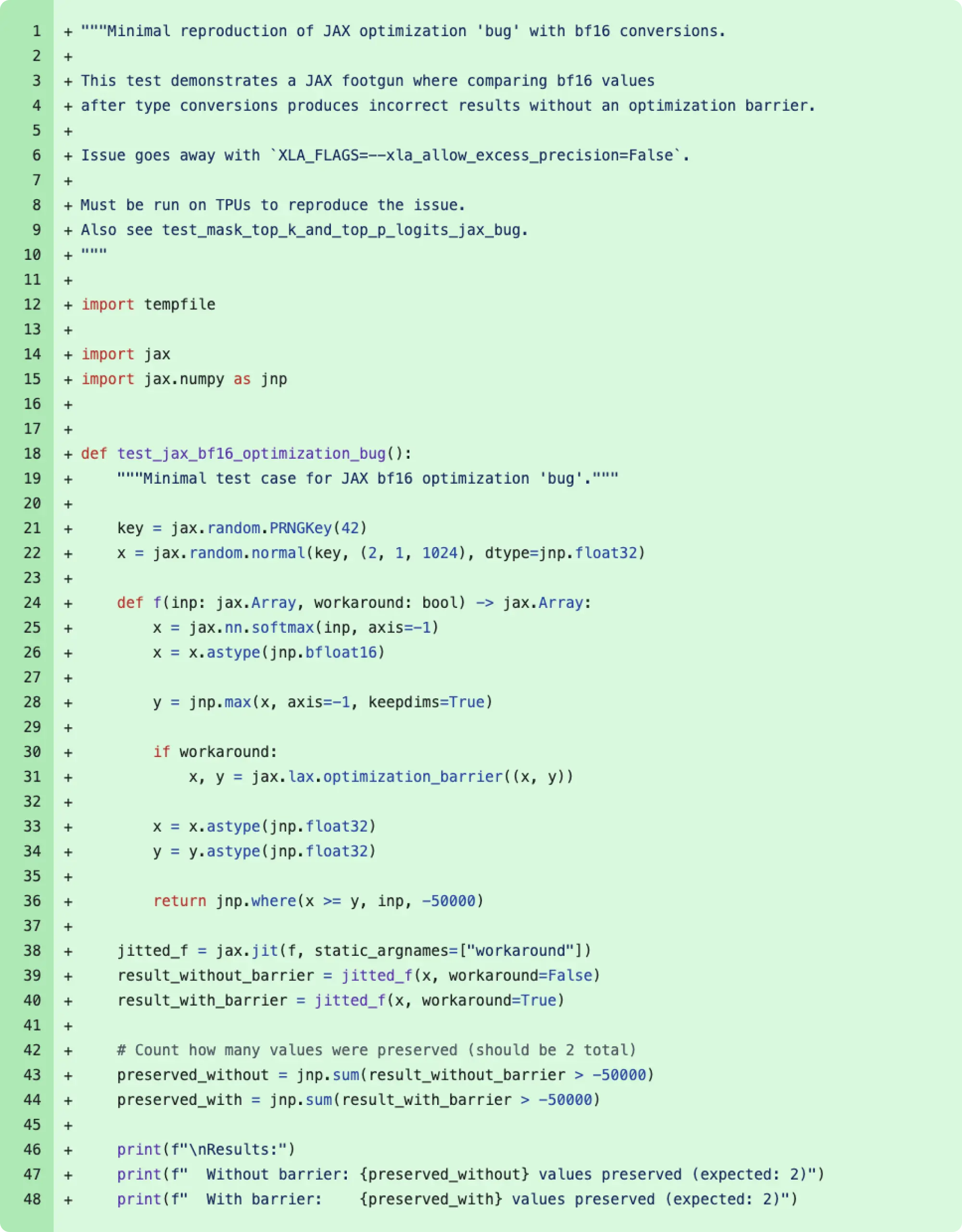 이미지 3: 8월 11일 변경에 합쳐진 최소 재현 코드 스니펫. 2024년 12월에 우회했던 "버그"의 근본 원인을 보여줌. 실제로는 xla_allow_excess_precision 플래그의 기대 동작.