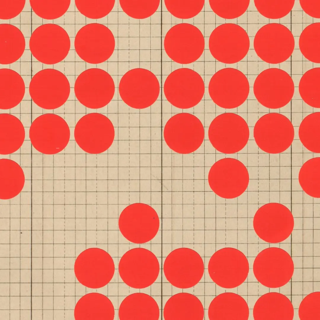 Red circles arranged in a grid pattern overlaid on a background of densely printed numerical data and text.