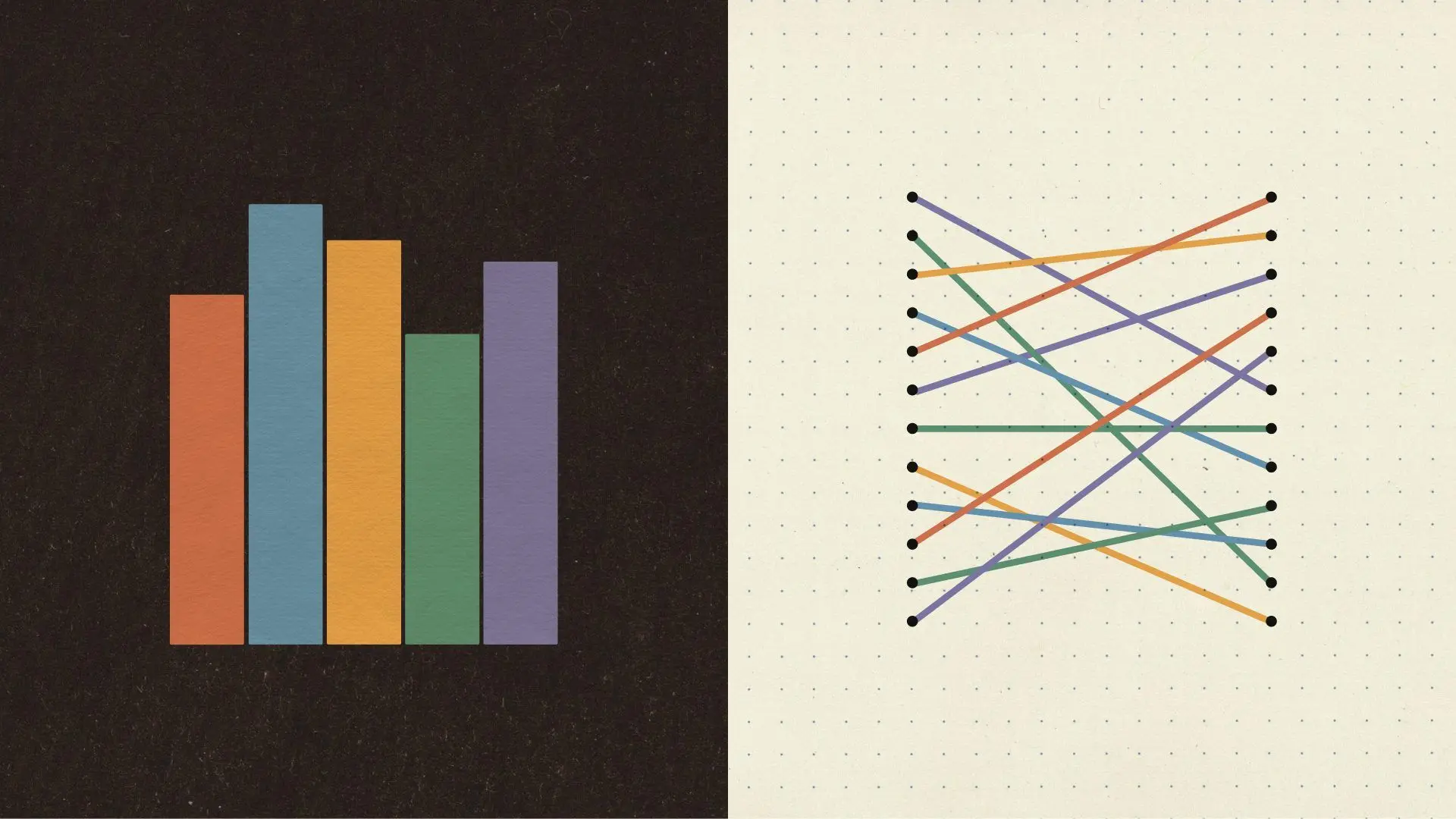 Two-panel illustration: on a dark background, five colored bars resembling books on a shelf; on dotted paper, two columns of dots joined by crisscrossing colored lines, like a matching diagram pairing people with books.