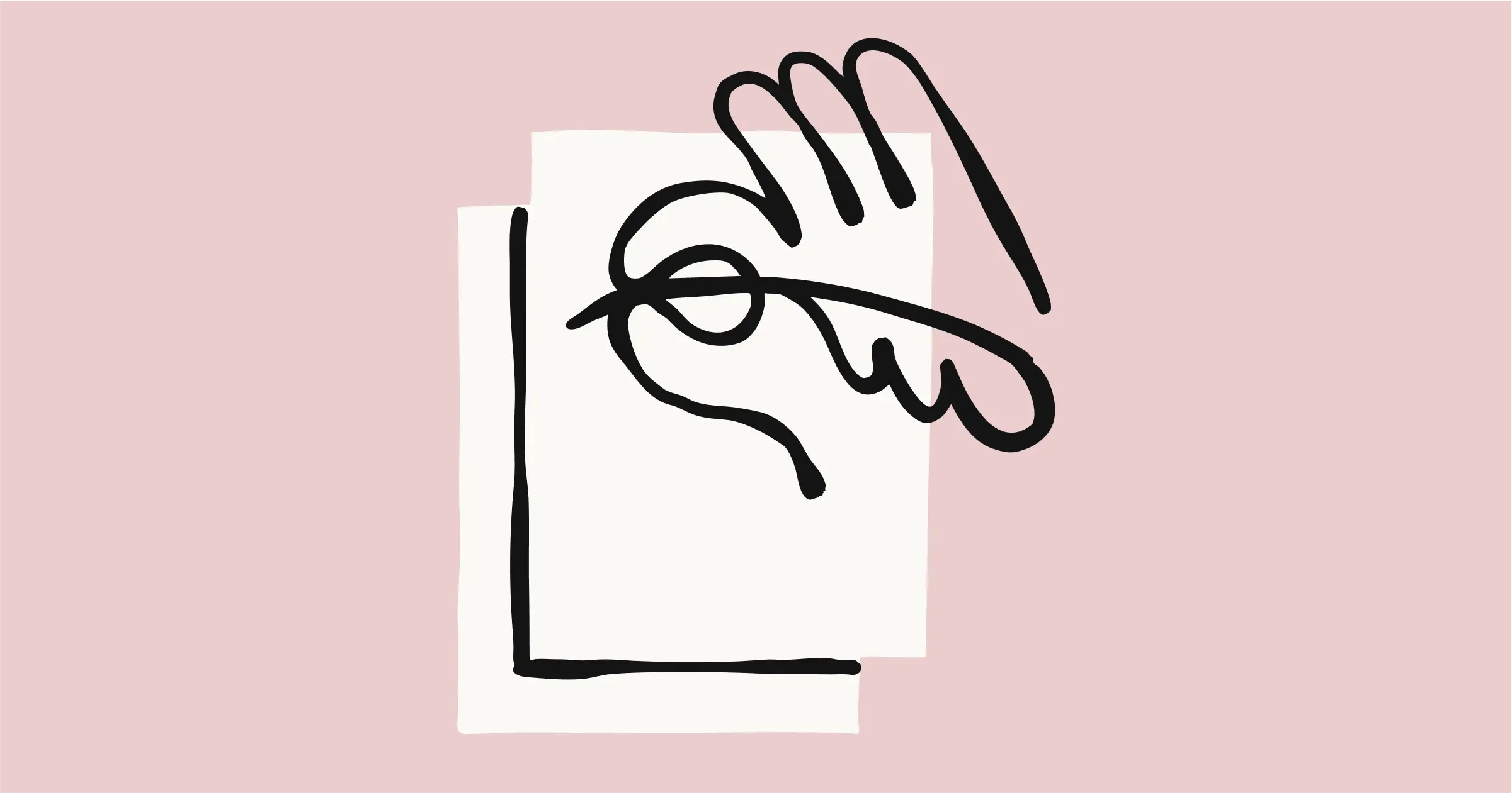 A hand-drawn image of a hand with a quill pen writing on paper