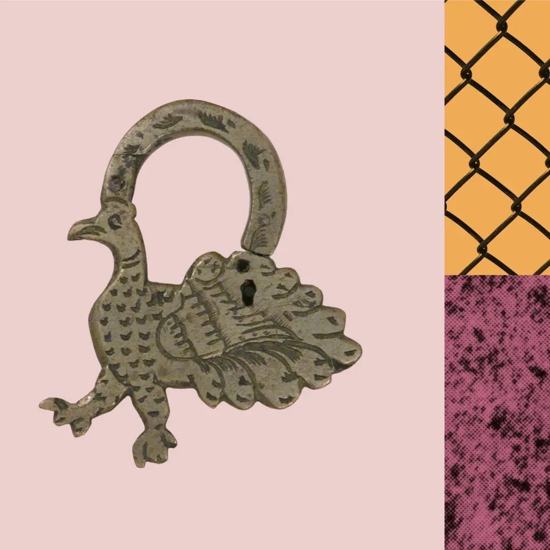 Ornate brass bird-shaped clasp on pink background next to geometric and textured pattern swatches.