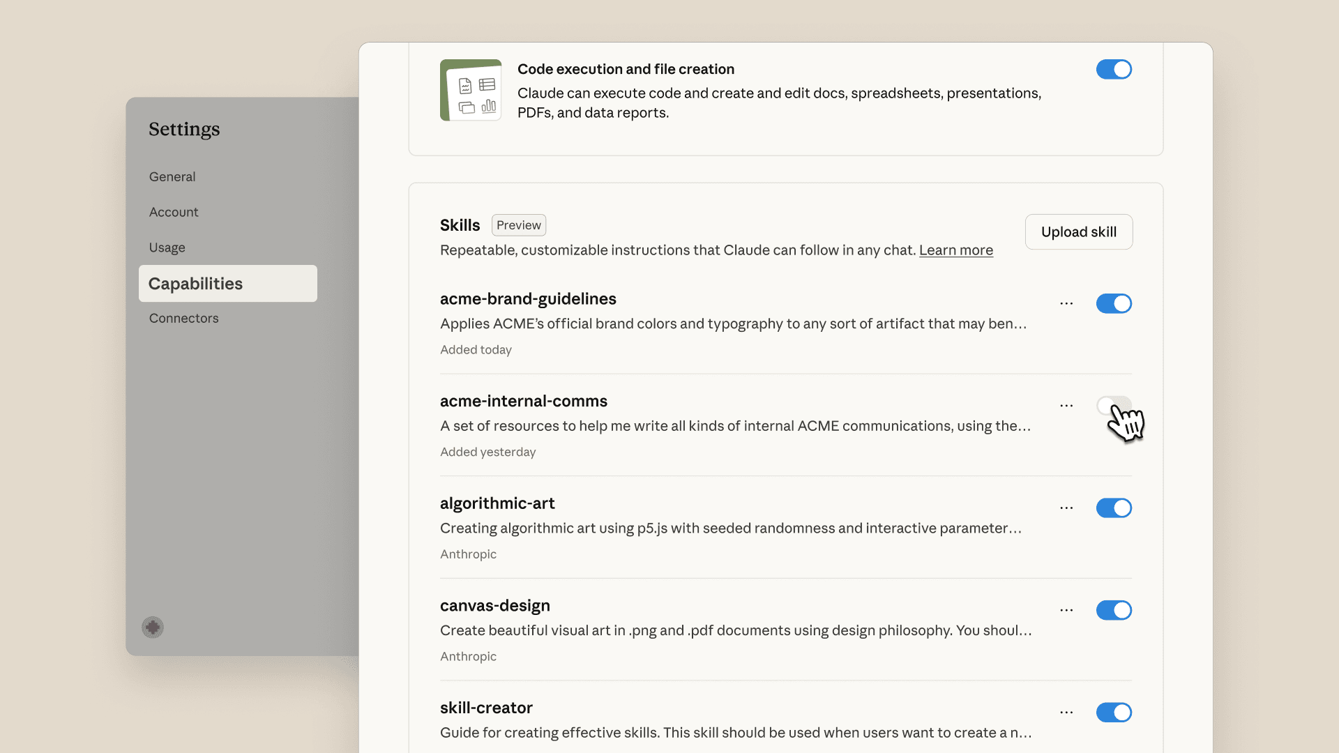The Skills capabilities interface in Claude.ai with example Skills toggled on.