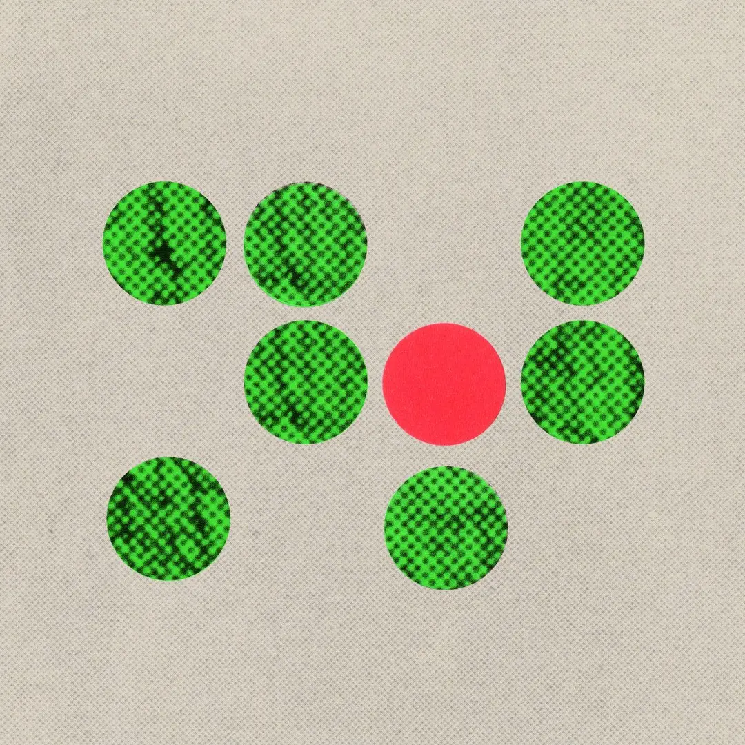 Halftone-textured grid with gaps and a single red dot.
