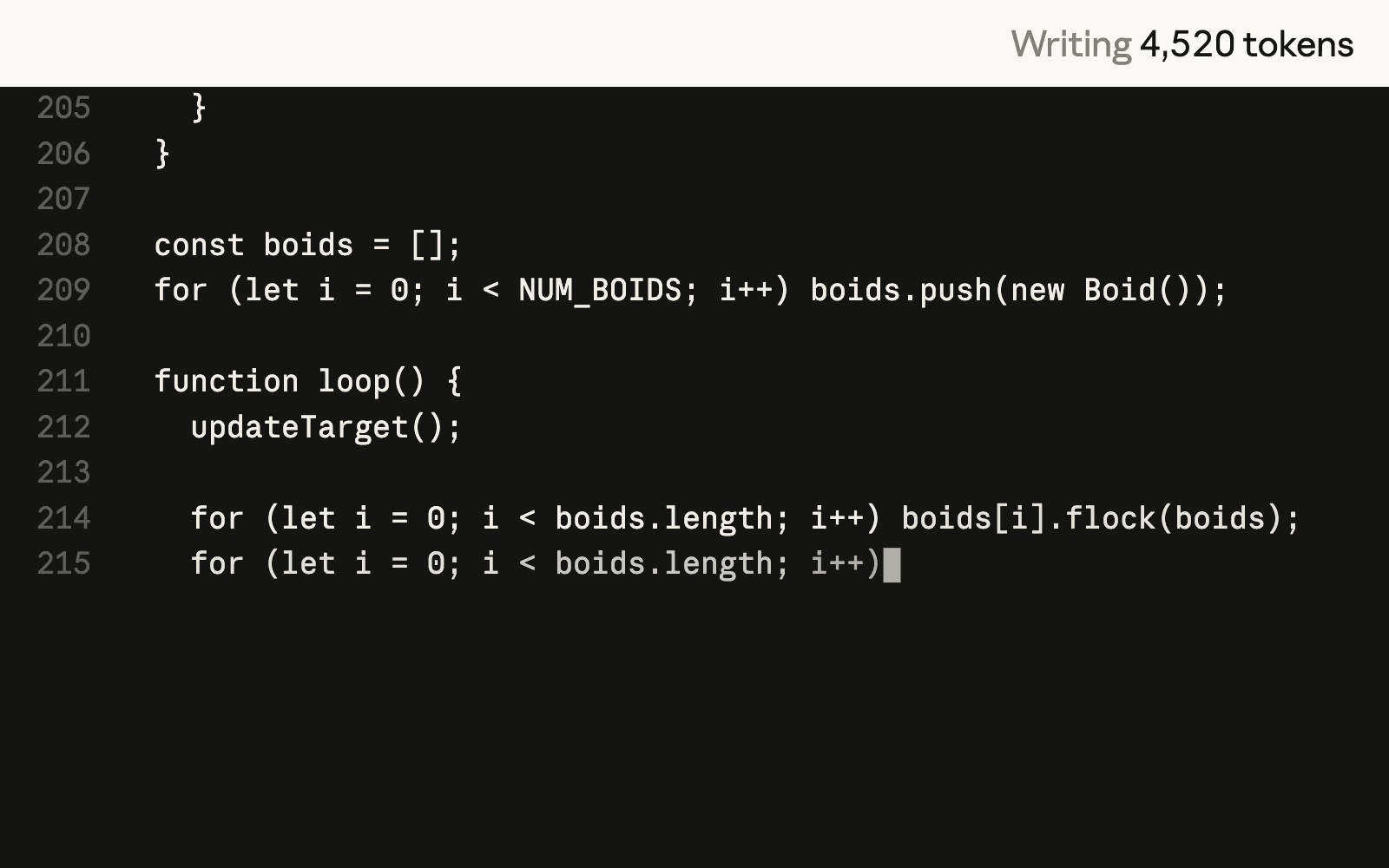 Anthropic의 Sonnet 5 새떼 HTML 생성 시연 중 코드 작성 화면
