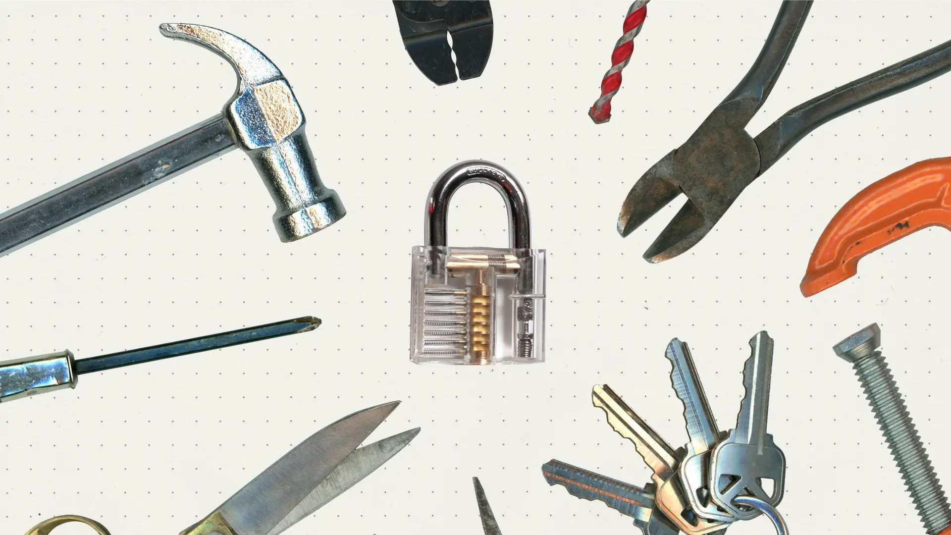 Various tools and security items including a hammer, pliers, knife, padlock with keys, screwdriver, and other implements arranged on a light background.