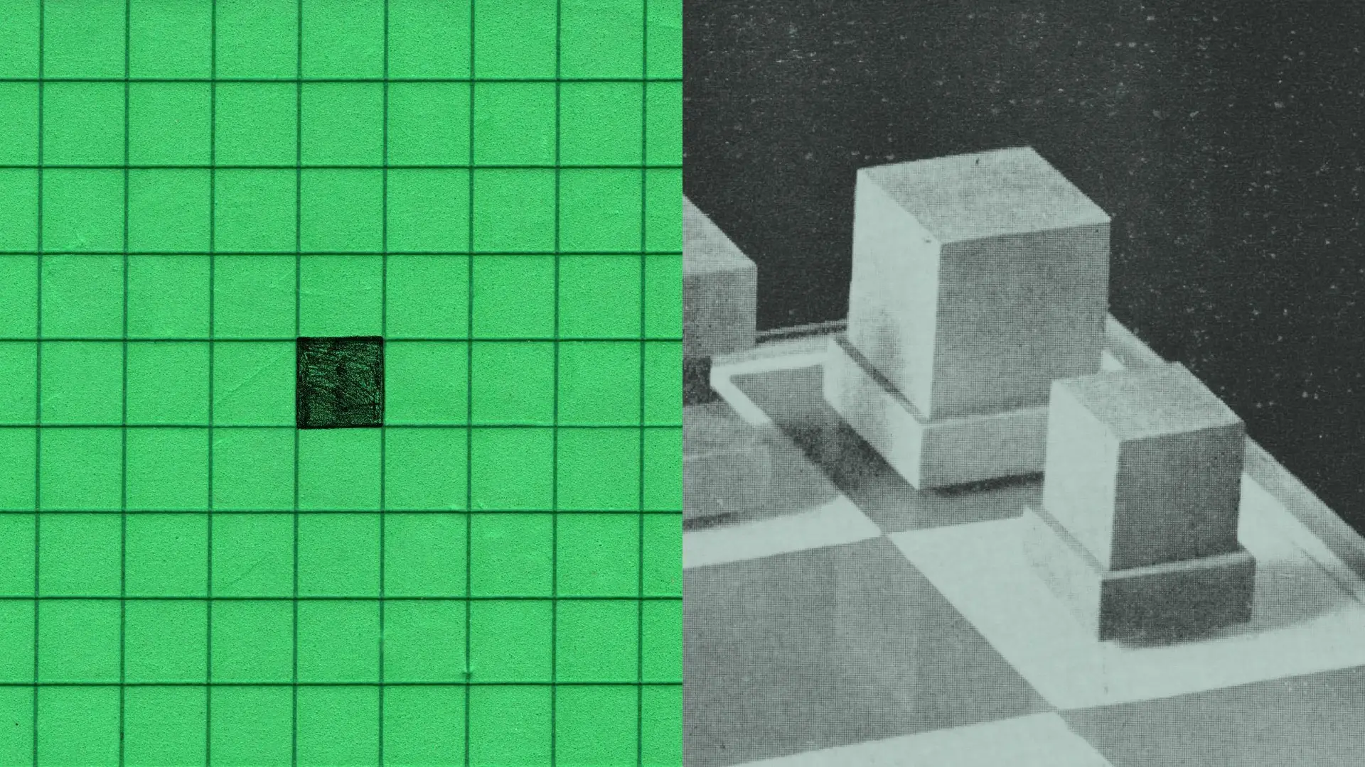 A bright green grid on the left contrasts with white and gray 3D cubes on a dark surface on the right, with one small dark square embedded in the green grid.