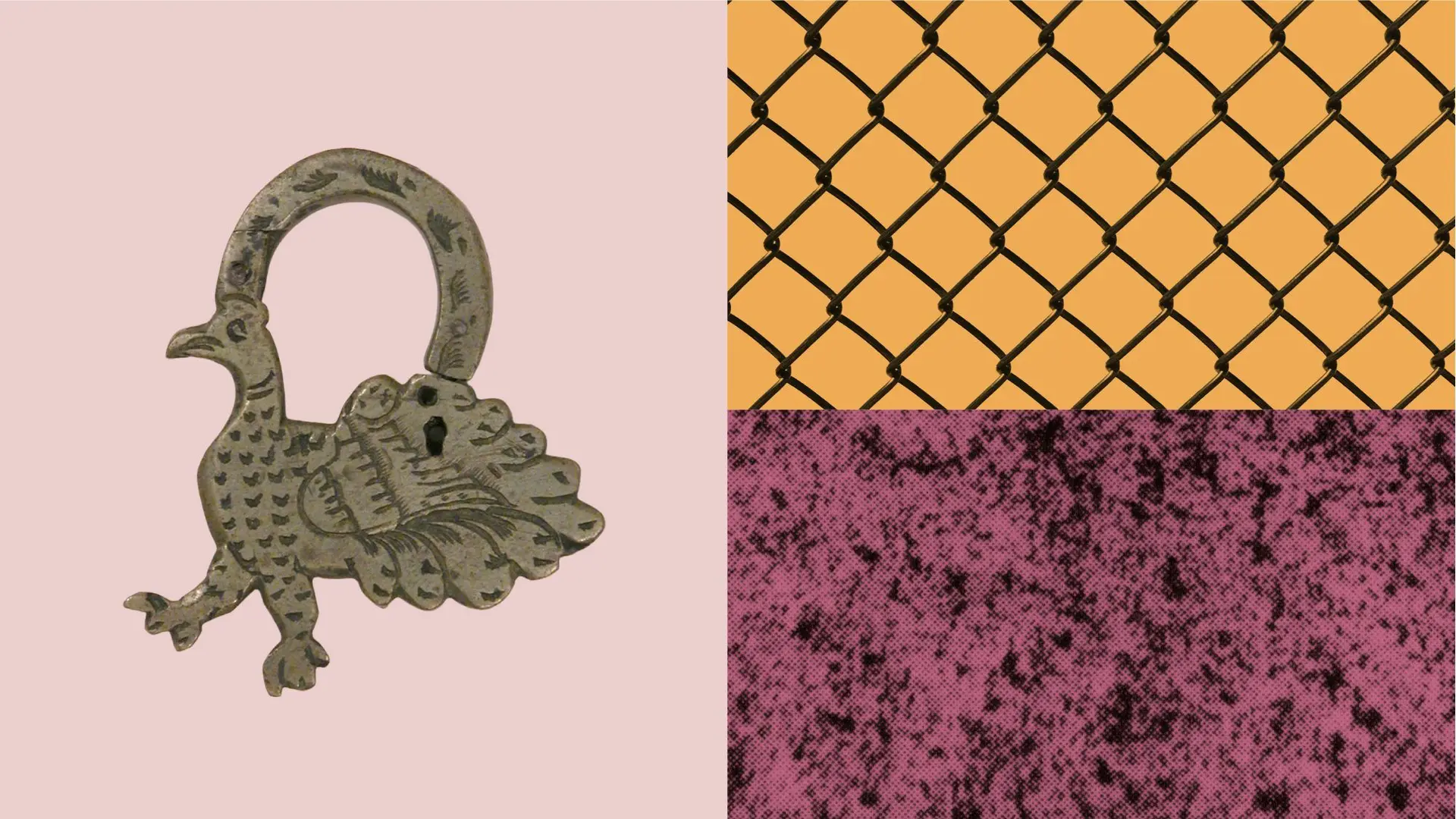 Ornate brass bird-shaped clasp on pink background next to geometric and textured pattern swatches.