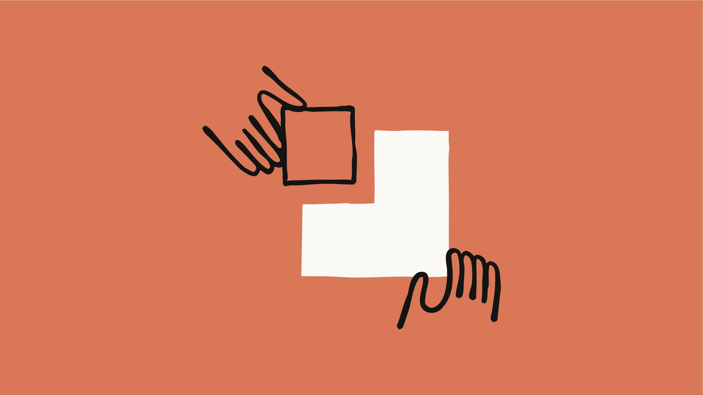 An illustration of two hands holding geometric shapes against an orange background